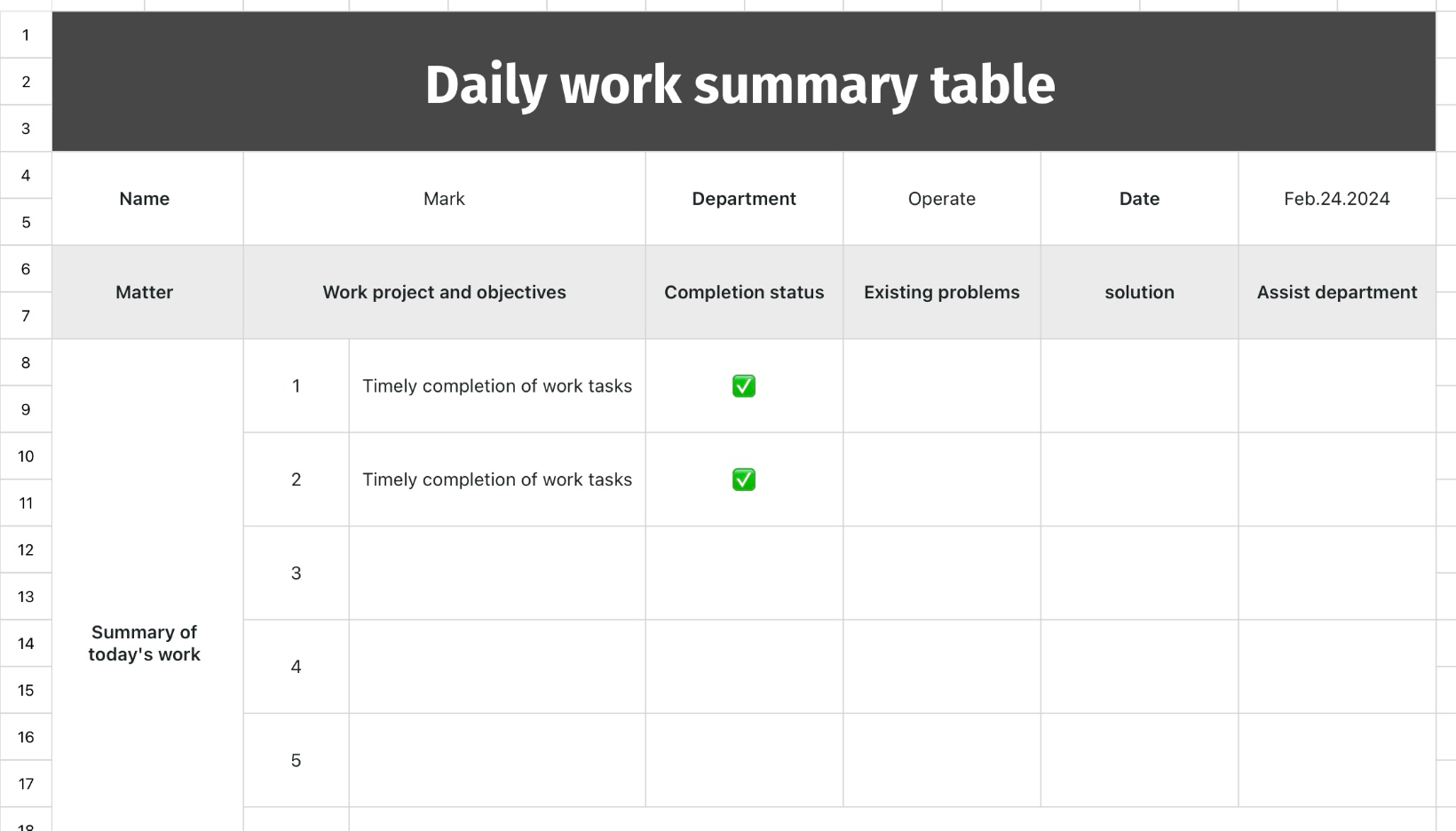 Daily work summary table